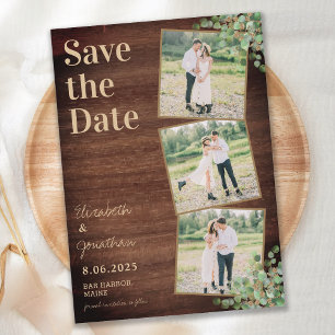 Eukalyptus-FotoCollage aus rustikalem Holz Save The Date