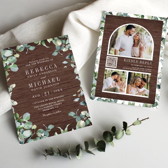 Eukalyptus-Fotocollage-QR-Code-Hochzeit aus Holz Einladung (Von Creator hochgeladen)