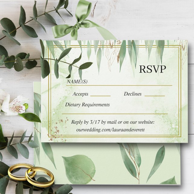 Eukalyptus Frame Green Gold Foliage RSVP Karte (Von Creator hochgeladen)