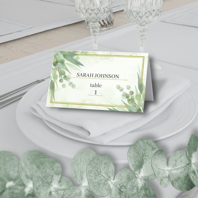 Eukalyptus Frame Green Gold Foliage Wedding Platzkarte (Von Creator hochgeladen)