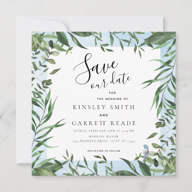 Eukalyptus Frame Soft Blue Watercolor Wedding Save The Date (Vorderseite)
