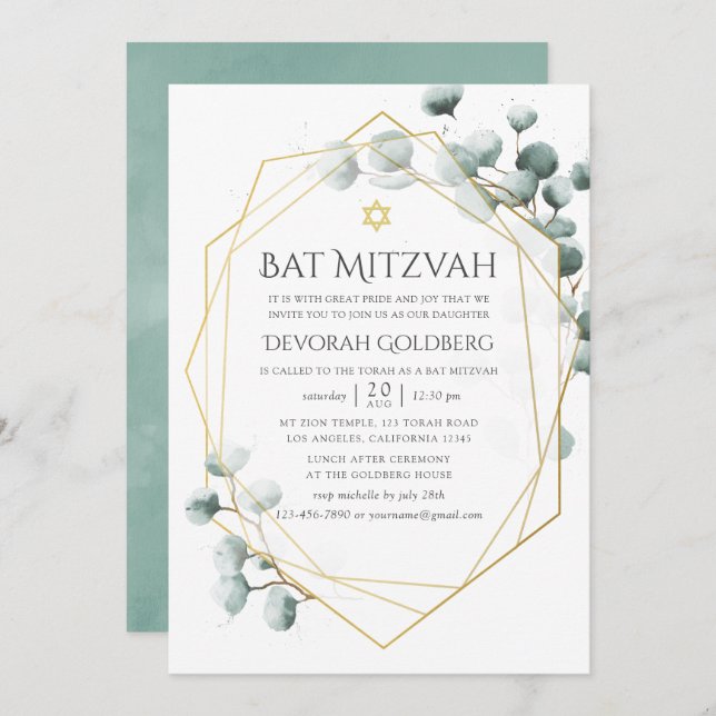 Eukalyptus Geometric Bat Mitzvah Einladung (Vorne/Hinten)