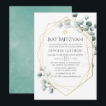 Eukalyptus Geometric Bat Mitzvah Einladung<br><div class="desc">Trendy Aquarell Eukalyptus Silber Dollar Fledermaus Mitzvah Einladung mit goldenem geometrischem Rahmen.</div>
