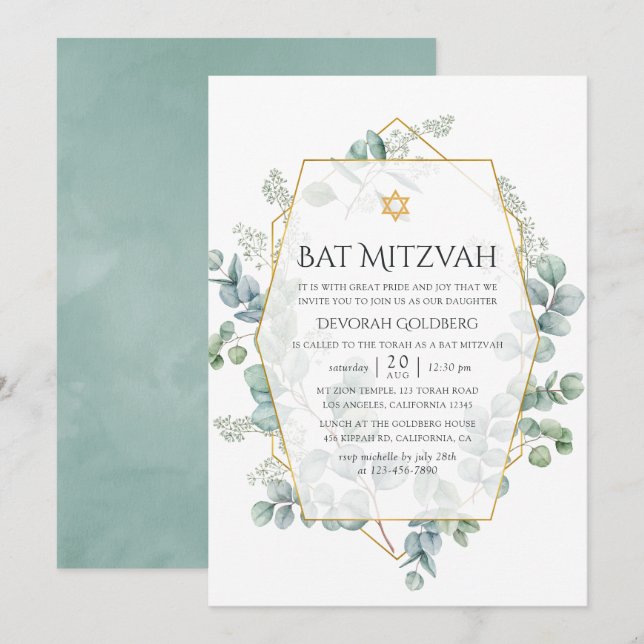 Eukalyptus Geometric Bat Mitzvah Einladung (Vorne/Hinten)