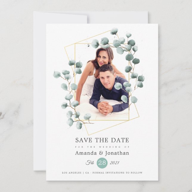 Eukalyptus Geometric Foto Wedding Save The Date (Vorderseite)