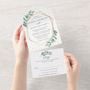 Eukalyptus Geometric Gold Foil Wedding All In One Einladung