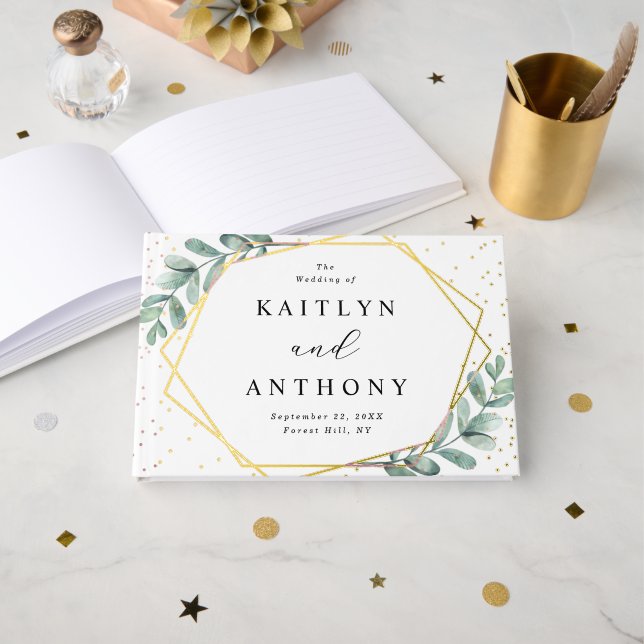 Eukalyptus Geometric Gold Foil Wedding Gästebuch (Vorderseite Offen)