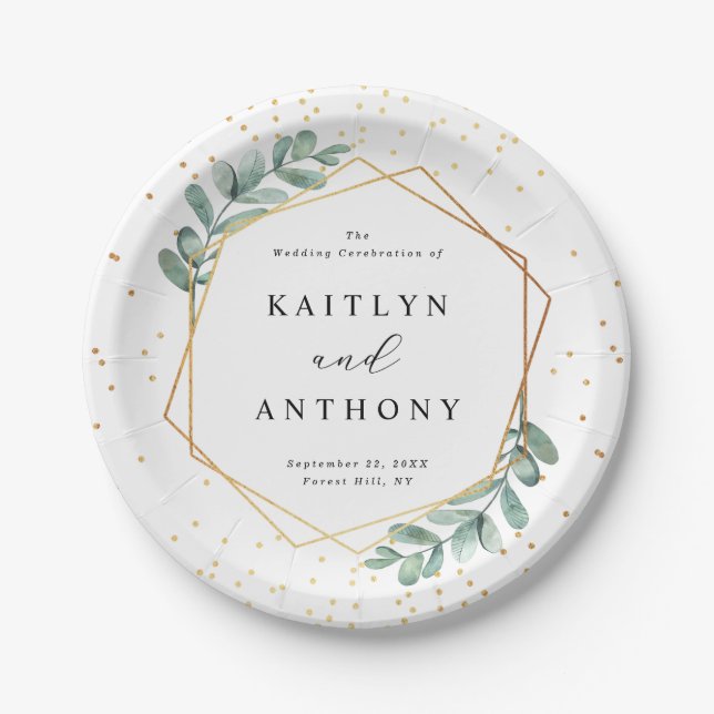 Eukalyptus Geometric Gold Foil Wedding Pappteller (Vorderseite)
