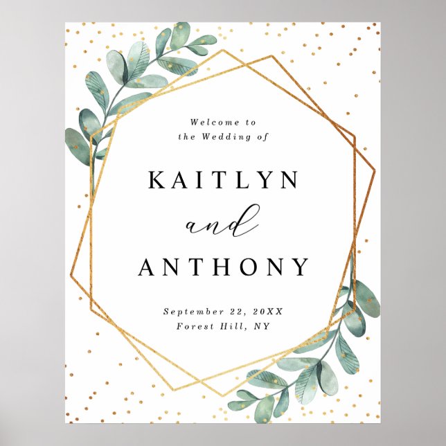 Eukalyptus Geometric Gold Foil Wedding Willkommen Poster (Vorne)