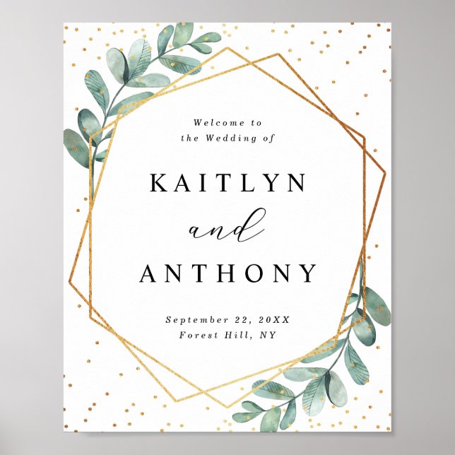 Eukalyptus Geometric Gold Foil Wedding Willkommen Poster (Vorne)