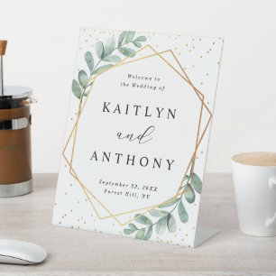 Eukalyptus Geometric Gold Foil Wedding Willkommen Sockelschild