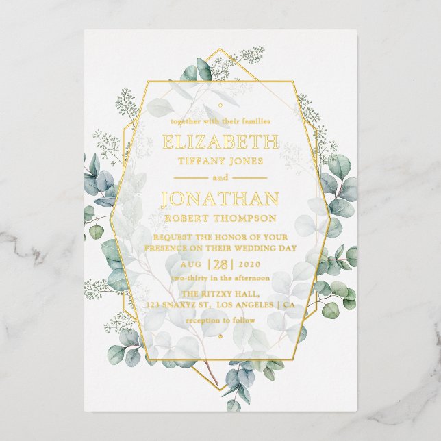 Eukalyptus Geometric Gold Wedding Foil Einladung (Vorderseite)