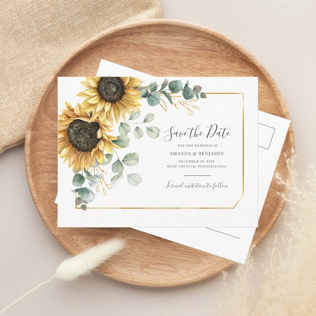 Eukalyptus Geometric Rett Date Ankündigungspostkarte (Sunflower Floral Eucalyptus Wedding Save the Date Morgana Script Announcement Postcard)