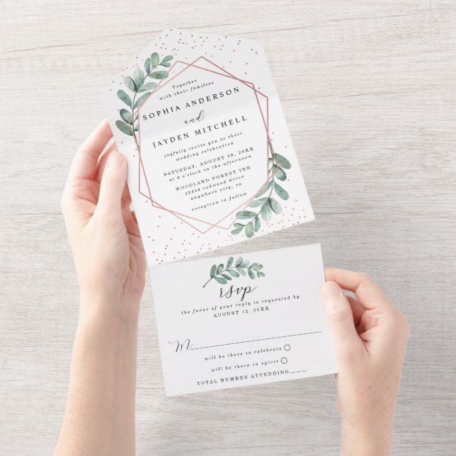 Eukalyptus Geometric Rose Gold Foil Wedding All In One Einladung (Abreißen)