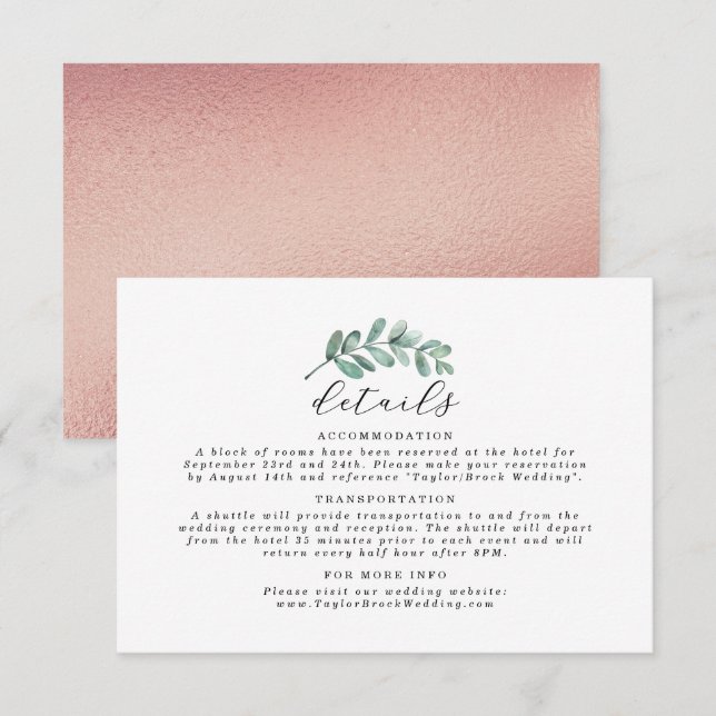 Eukalyptus Geometric Rose Gold Foil Wedding Begleitkarte (Vorne/Hinten)