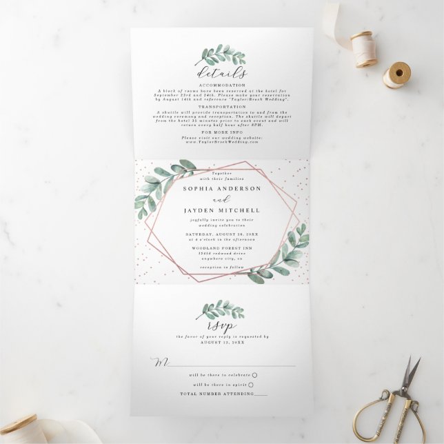 Eukalyptus Geometric Rose Gold Foil Wedding Dreifach Gefaltete Einladung (Innenseite)