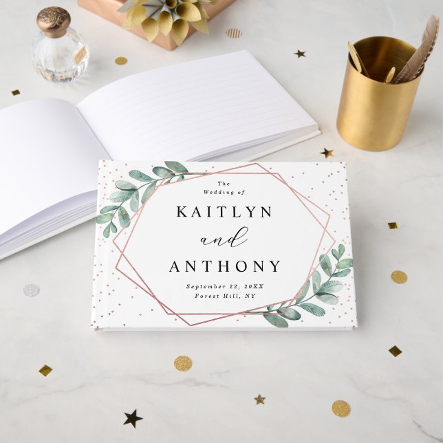 Eukalyptus Geometric Rose Gold Foil Wedding Gästebuch (Vorderseite Offen)