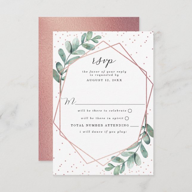 Eukalyptus Geometric Rose Gold Foil Wedding RSVP Karte (Vorne/Hinten)