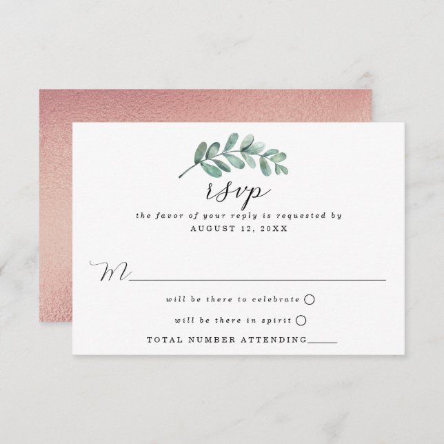 Eukalyptus Geometric Rose Gold Foil Wedding RSVP Karte (Vorne/Hinten)