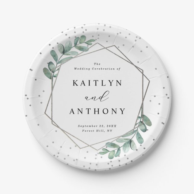 Eukalyptus Geometric Silver Foil Wedding Pappteller (Vorderseite)