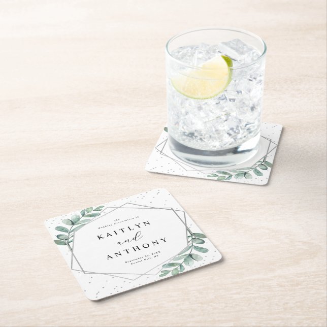 Eukalyptus Geometric Silver Foil Wedding Rechteckiger Pappuntersetzer (Vor Ort)