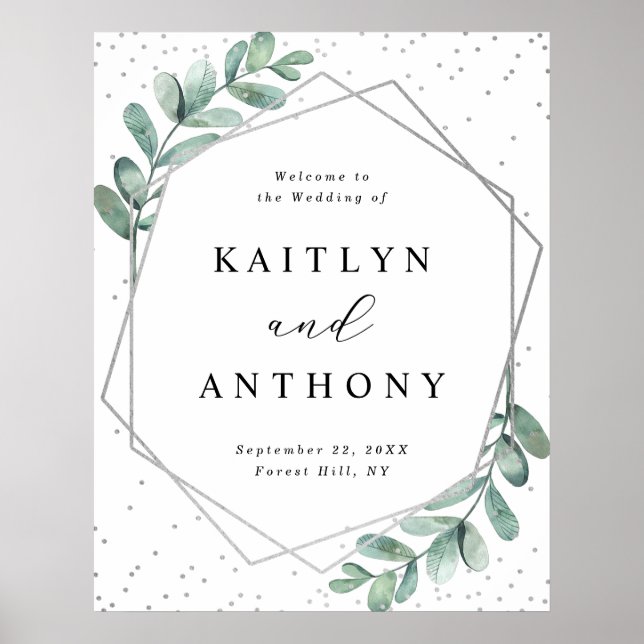 Eukalyptus Geometric Silver Foil Wedding Willkomme Poster (Vorne)
