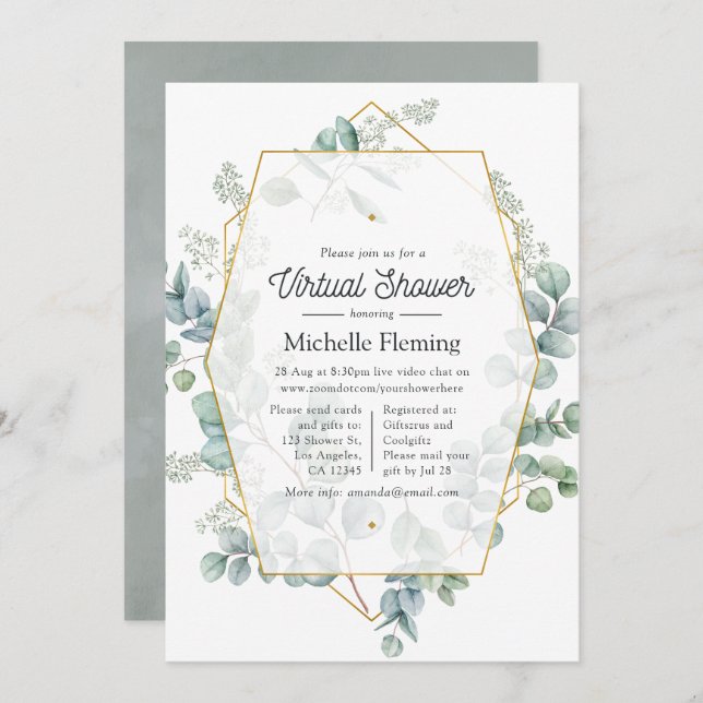 Eukalyptus Geometric Virtual Baby Dusche Einladung (Vorne/Hinten)