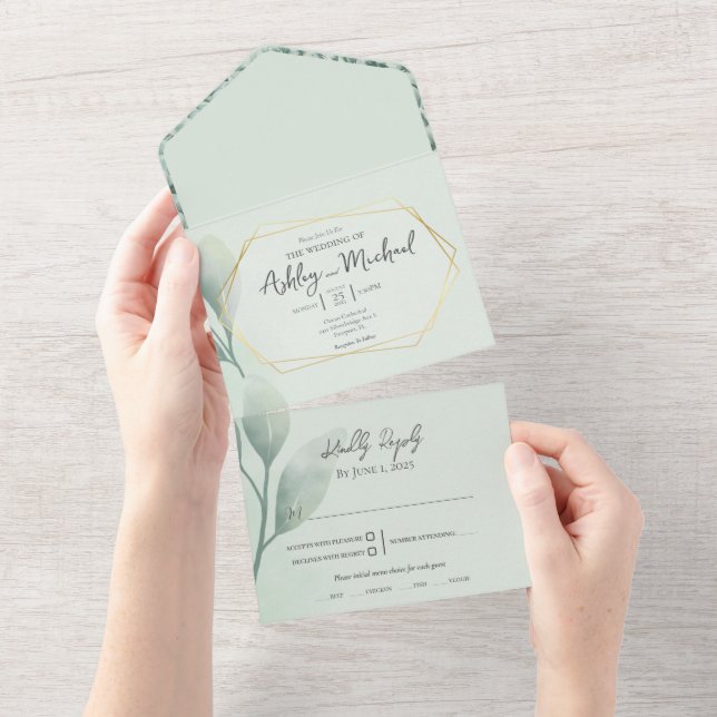 Eukalyptus Geometric Wedding All In One Einladung (Abreißen)