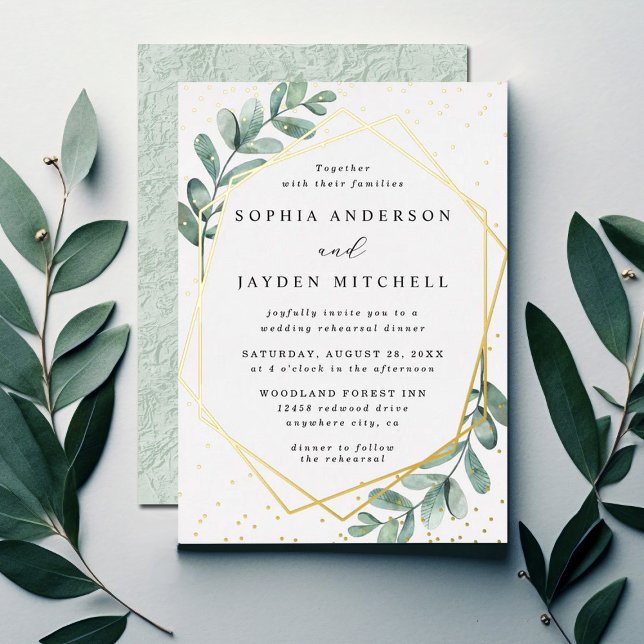 Eukalyptus Geometric Wedding Probe Dinner Real Folieneinladung (Von Creator hochgeladen)