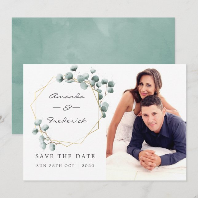 Eukalyptus Geometric Wedding Save the Date Einladung (Vorne/Hinten)