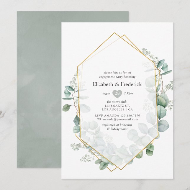 Eukalyptus Geometrisches Engagement in Silver Sage Einladung (Vorne/Hinten)