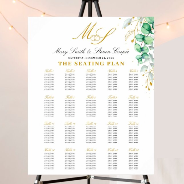 Eukalyptus Gilded Monogram Wedding Seating Charts Poster (I wish you happiness!!!)