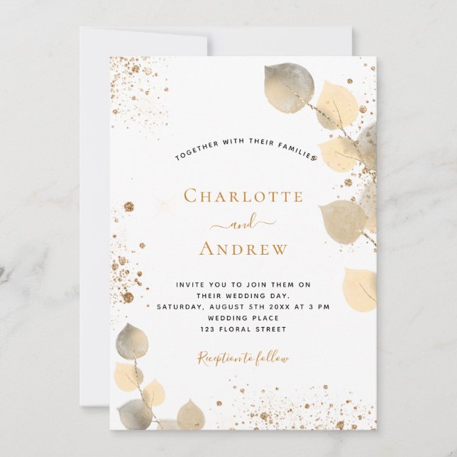 Eukalyptus-Glitzer, goldgelbes Blattwerk Glitzer Einladung (Vorderseite)