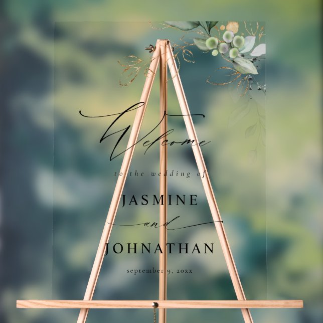 Eukalyptus Glow Gold Greenerity Wedding Willkommen Acrylschild (Neutral)