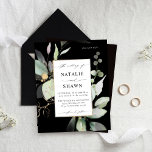 Eukalyptus Glow Gold Greenery Wedding Black<br><div class="desc">** SATIN PAPIER IST PAPIERTHIN. AKTUALISIEREN SIE DAS PAPIER FÜR EIN BILDERPAPIER. HAT EINE OPTION FÜR ENVELOPES. *** Rette Geld für Einladungen mit dieser kleineren Einladung, die eine Option für Umschläge hat. Holen Sie sich Ihre Gäste mit Ihrer Eukalyptus Glow Gold Greenery Black Wedding Einladung zur phantastischen Hochzeit bereit. Woll...</div>