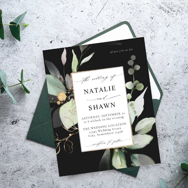 Eukalyptus Glow Gold Greenery Wedding Black Flyer (Von Creator hochgeladen)