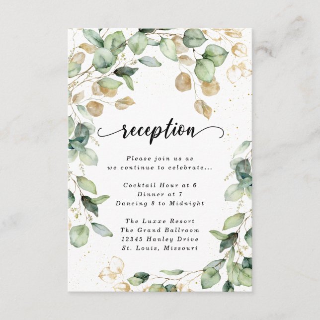 Eukalyptus Gold Aquarell Empfang Einschließwagen Begleitkarte (Vorderseite)