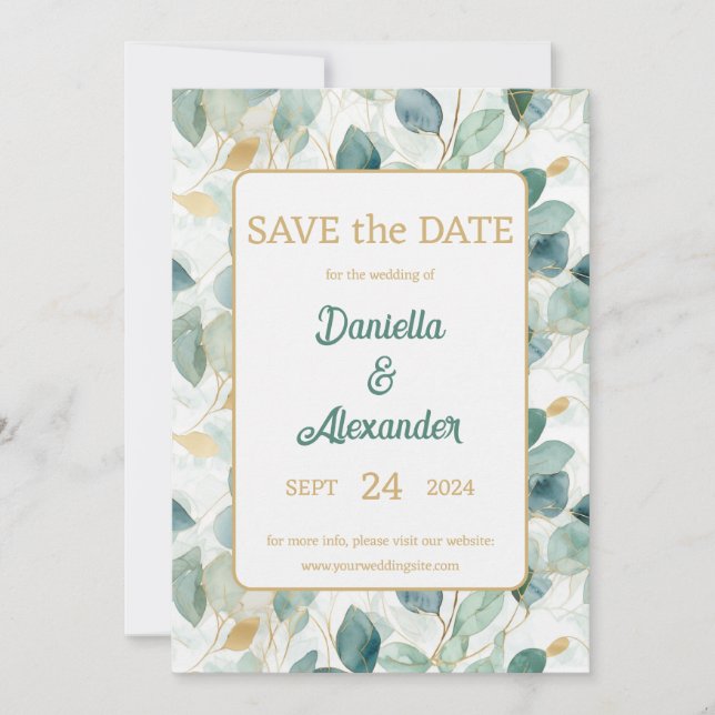 Eukalyptus Gold Aquarellbilder Grüne Blüte Save The Date (Vorderseite)