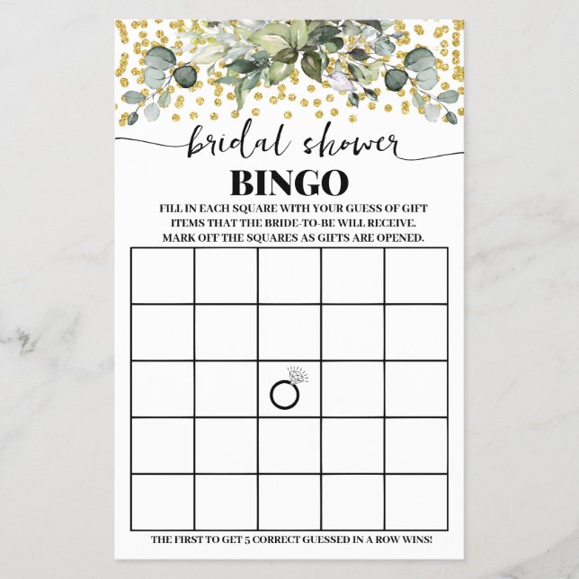 Eukalyptus Gold Brautparty Bingo Game Card Flyer (Vorne)
