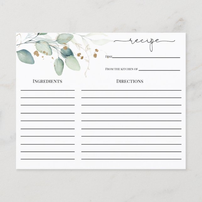 Eukalyptus Gold Brautparty Rezept-Karte (Vorderseite)