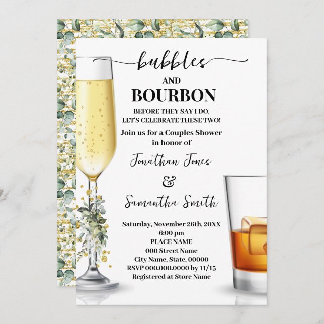 Eukalyptus Gold Bubbles & Bourbon Couples Dusche Einladung (Vorne/Hinten)