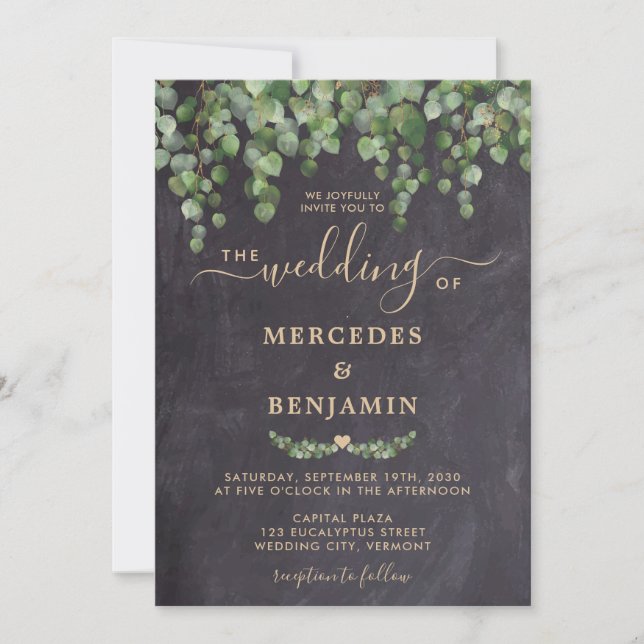 Eukalyptus Gold Chalkboard Wedding Einladung (Vorderseite)