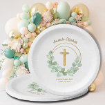 Eukalyptus Gold Cross Christening Pappteller<br><div class="desc">Ein goldenes Imitat-Glitzer-Kreuz und Eukalyptus-Blätter markieren diese Teller mit Ihrem Text in schicker Schrift. Ideal für die Taufe,  Taufe oder erste Gemeinschaft Ihres Kindes. PASSENDE Artikel in unserem Shop erhältlich.</div>