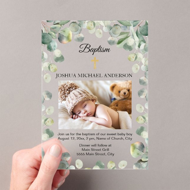 Eukalyptus Gold Cross Religious Baptism Foto Acryleinladungen (Insitu (Handheld))