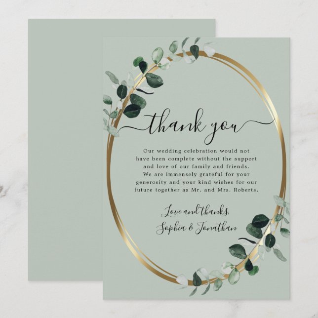Eukalyptus Gold Elegante Script Sage Green Wedding Dankeskarte (Vorne/Hinten)