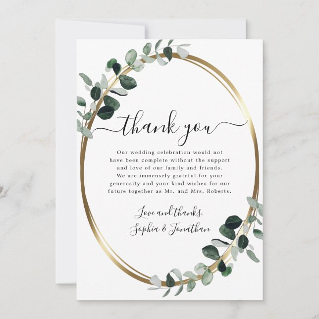 Eukalyptus Gold Elegante Script White Wedding Dankeskarte (Vorderseite)