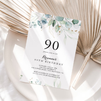 Eukalyptus Gold Floral 90. Geburtstagsparty Einladung