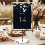 Eukalyptus Gold Floral Calligraphy Blue Wedding Tischnummer<br><div class="desc">Diese eukalyptusgoldkalligraphie blauer Hochzeitskalligraphie ist perfekt für eine rustikale Hochzeit. Dieses künstlerische Design zeigt handgezeichnet goldene Blüten- und Aquarellblütenblätterung in einem dunkelblauen Hintergrund und inspiriere die natürliche Schönheit. Das ist eine zweiseitige Tischnummer. Fügen Sie jede benötigte Tischnummer individuell in Ihren Warenkorb.</div>