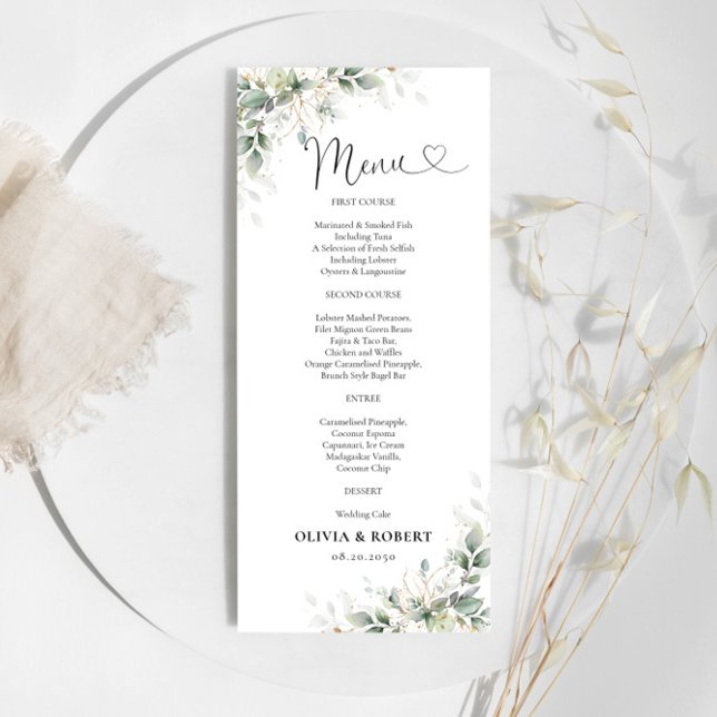 Eukalyptus Gold Floral Greenerity Wedding Menu Menükarte (Von Creator hochgeladen)