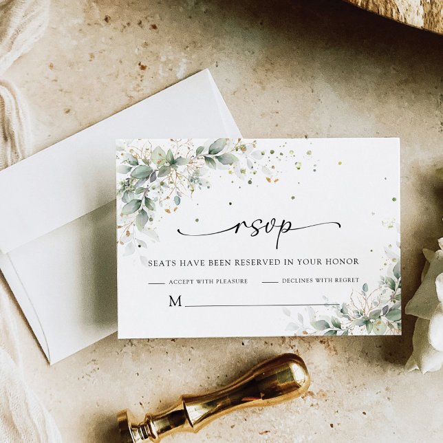 Eukalyptus Gold Floral Greenerity Wedding RSVP Car (Von Creator hochgeladen)